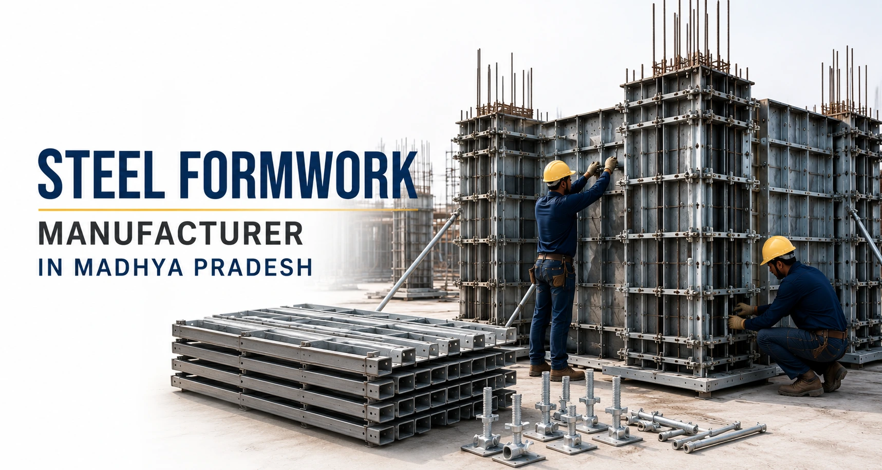Workers installing premium steel formwork panels at a construction site with reusable steel formwork systems manufactured by Khambati Steel & MB Tubes in Madhya Pradesh.