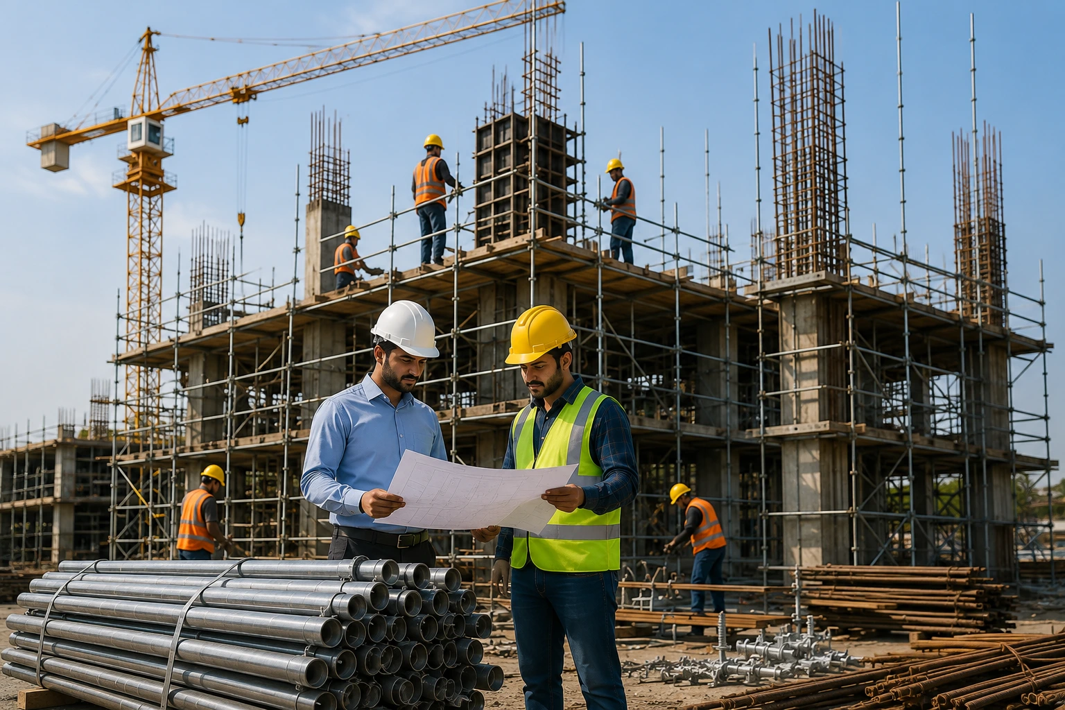 Engineers reviewing construction plans with steel pipes and scaffolding at an active building construction site.