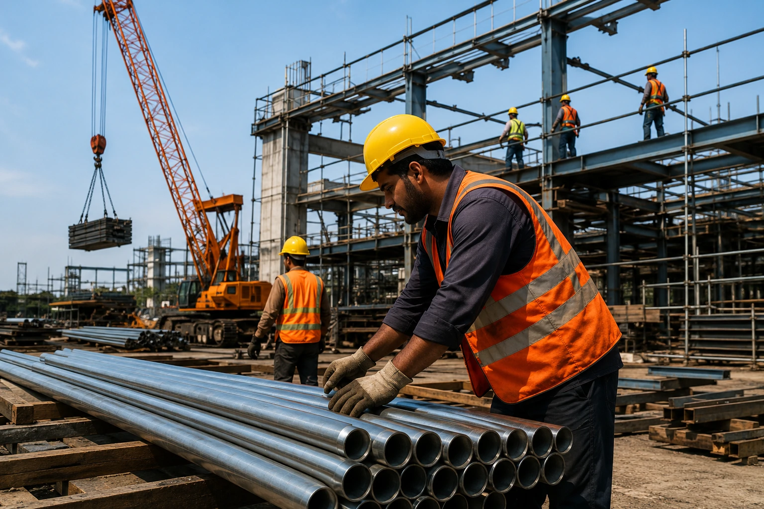 Construction worker inspecting premium steel pipes at an active commercial construction site with crane and steel framework.