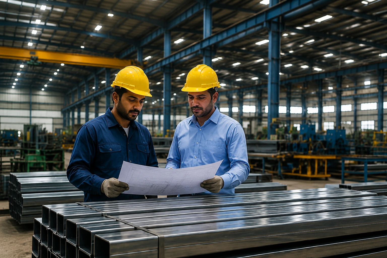 Engineers reviewing steel fabrication plans beside structural steel sections inside a modern manufacturing facility.