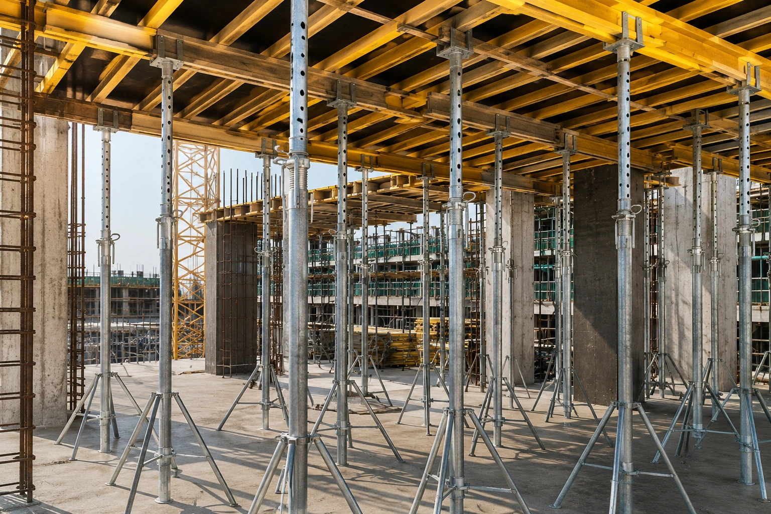 Adjustable steel props and temporary support systems installed beneath concrete formwork at a construction site.