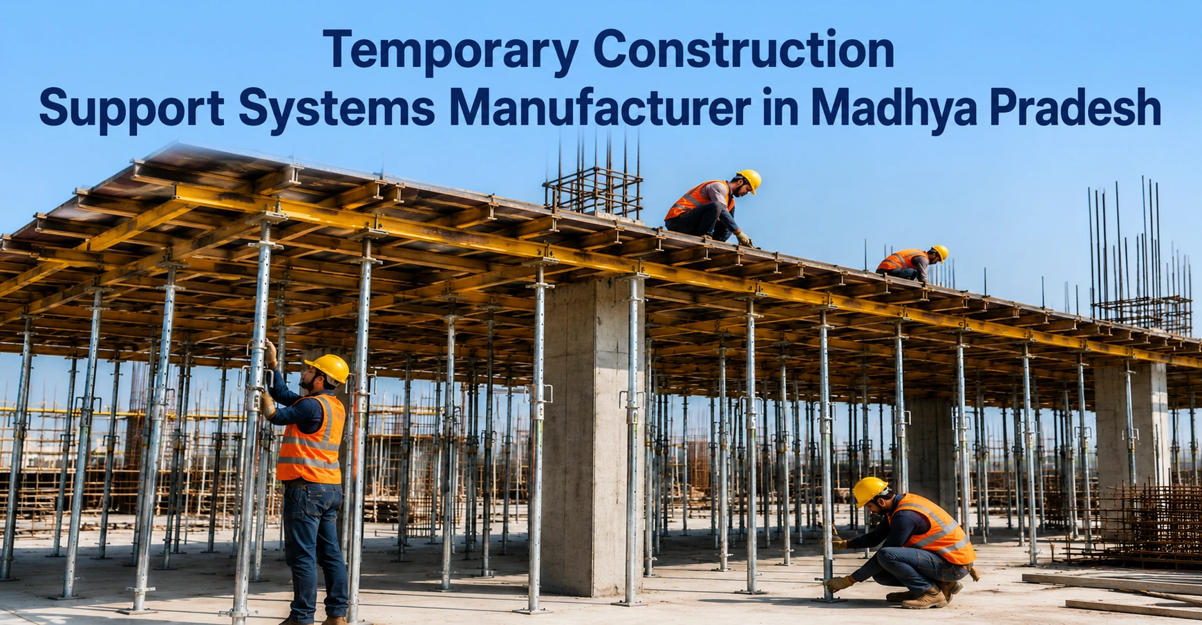 Workers installing temporary construction support systems with adjustable prop jacks, steel formwork, and scaffolding at a construction site in Madhya Pradesh.
