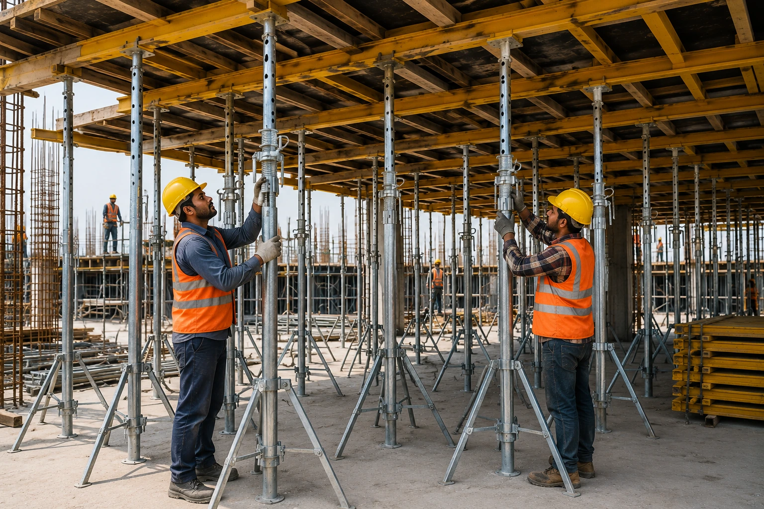 Construction workers installing adjustable steel props and temporary support systems beneath concrete formwork.