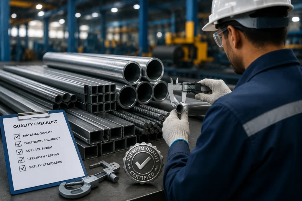 Engineer inspecting steel pipes and structural steel products using a digital caliper during quality assurance in a manufacturing facility.