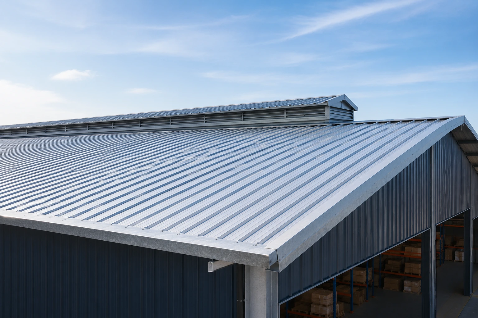 Modern warehouse with premium metal roofing designed for industrial storage and logistics facilities.