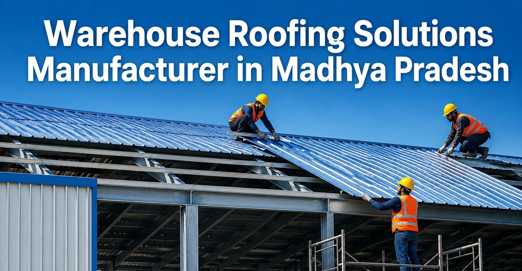 Workers installing colour coated steel roofing sheets on an industrial warehouse as part of warehouse roofing solutions manufactured by Khambati Steel & MB Tubes in Madhya Pradesh.