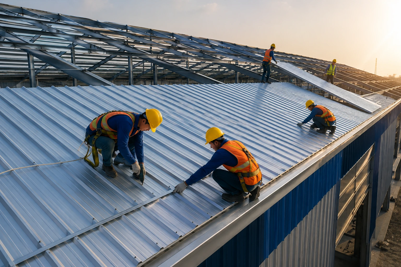 Construction workers installing premium metal roofing sheets on a large industrial warehouse building.