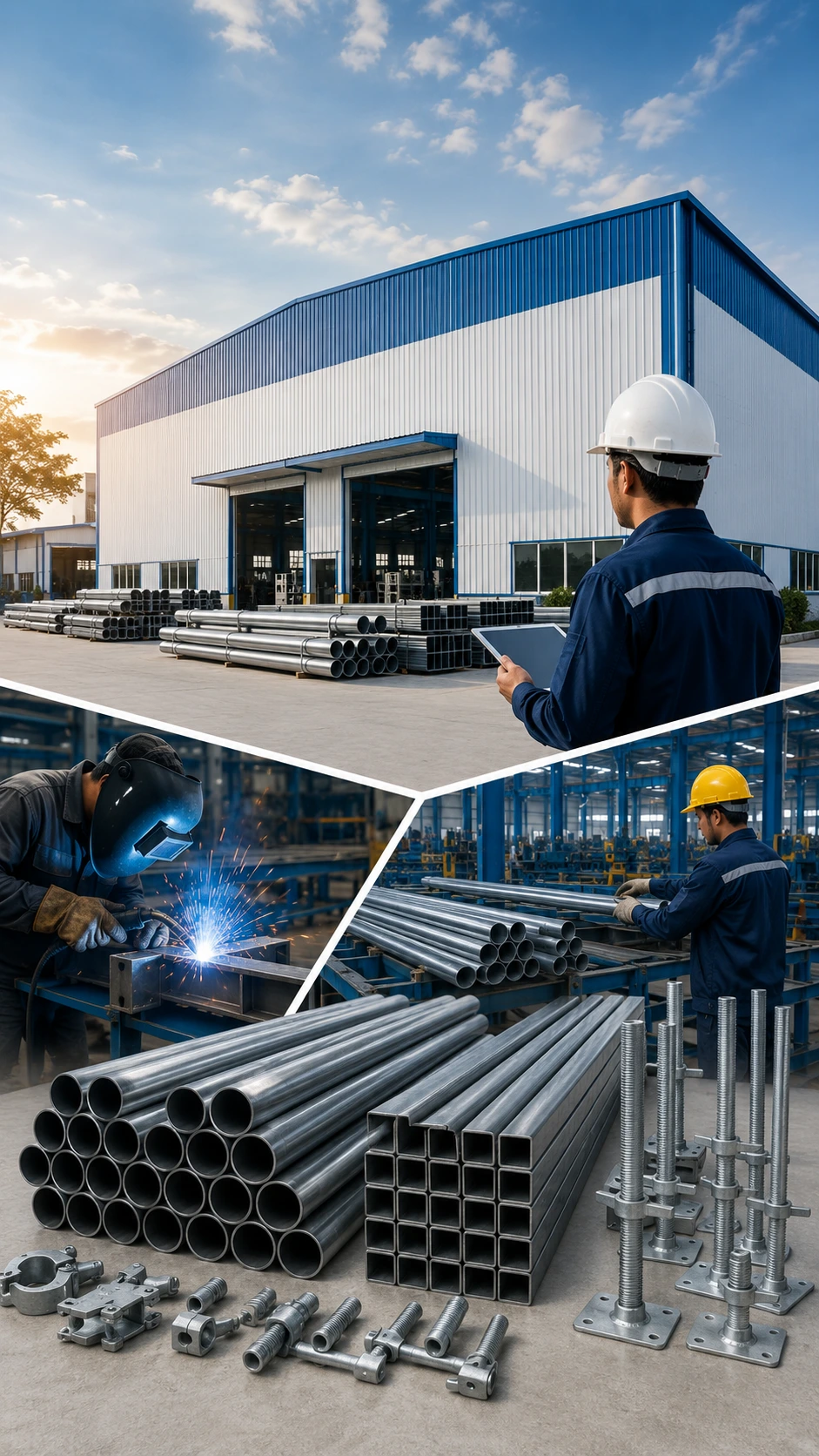 Modern steel manufacturing facility with workers, welding operations, MS pipes, square tubes, scaffolding components, and adjustable steel props.