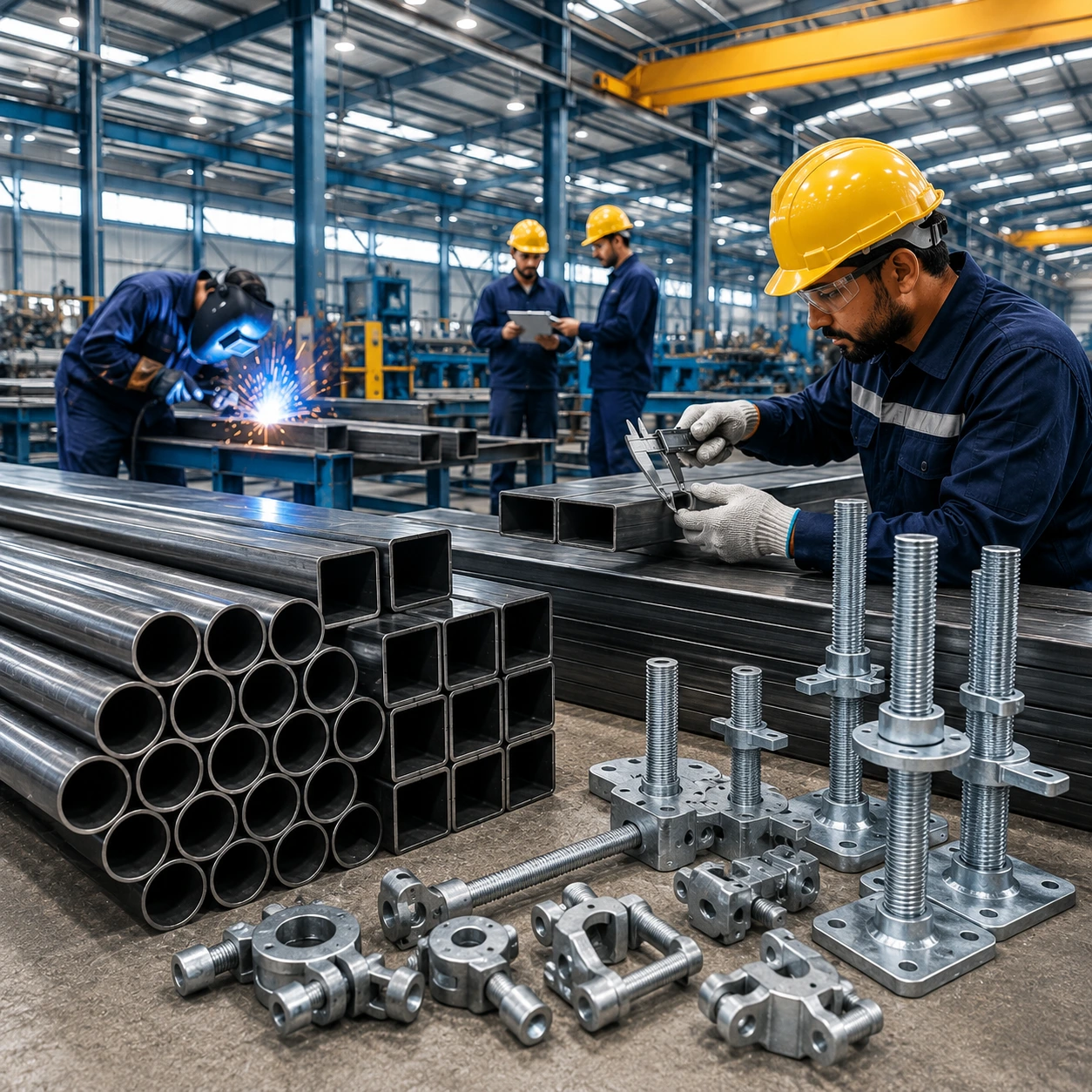 Engineers inspecting steel pipes, square tubes, scaffolding components, and structural steel products inside a modern manufacturing facility.