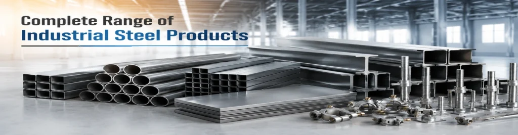 Banner showcasing industrial steel products including MS pipes, square tubes, structural steel beams, steel plates, adjustable steel props, and scaffolding fittings for construction and industrial applications.