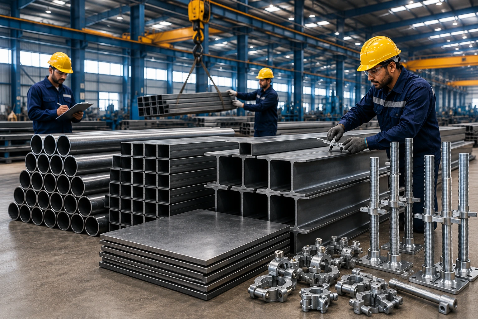 Engineers inspecting structural steel beams, MS pipes, square tubes, steel plates, and scaffolding components inside a modern steel manufacturing facility.