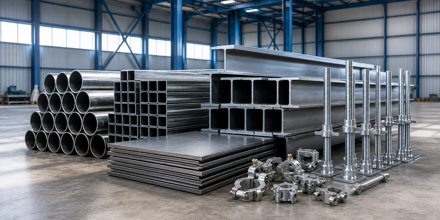 Industrial steel products including MS pipes, square tubes, structural steel beams, steel plates, adjustable props, and scaffolding fittings displayed inside a modern manufacturing facility.
