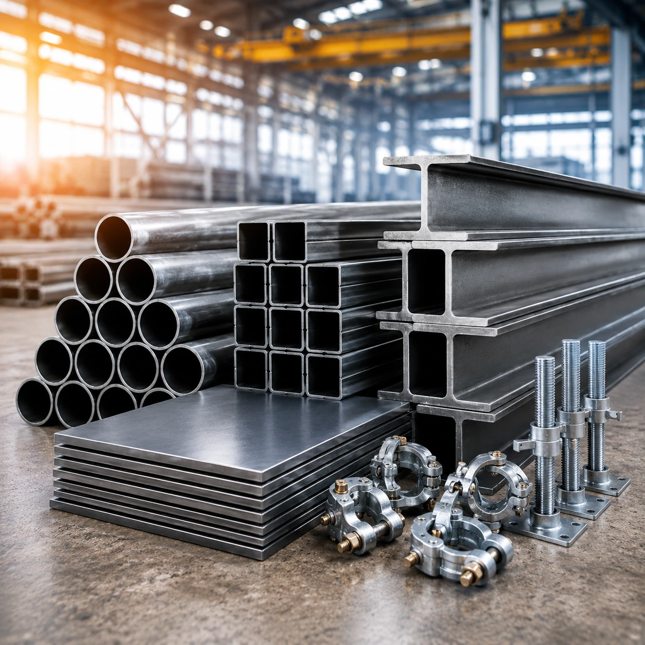 Premium industrial steel products including MS pipes, square steel tubes, structural steel beams, steel plates, scaffolding couplers, and adjustable steel props displayed inside a modern manufacturing facility.