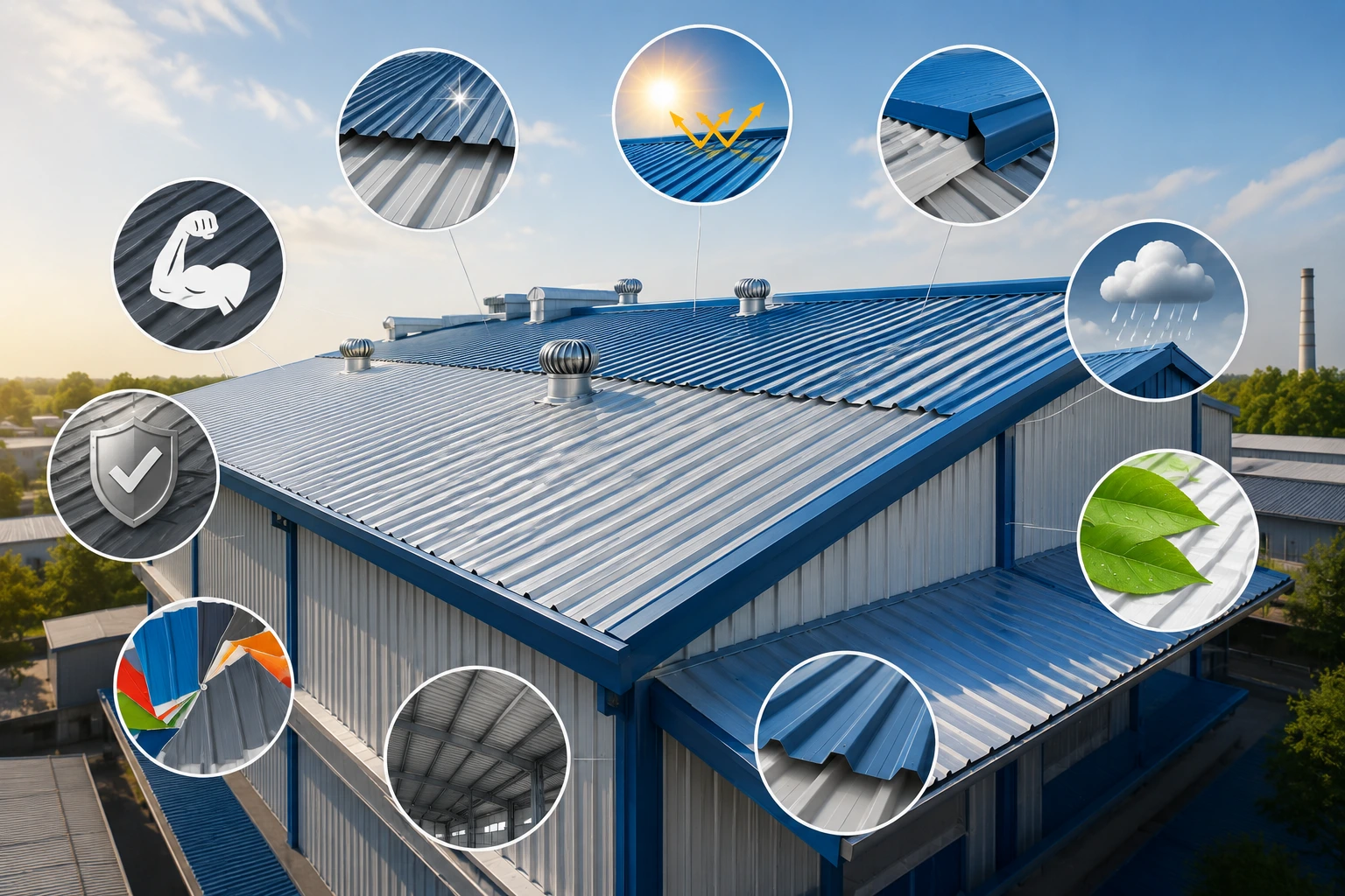 Premium factory roofing sheets showing weather resistance, corrosion protection, heat reflection, durability, multiple colours, and industrial roofing applications.