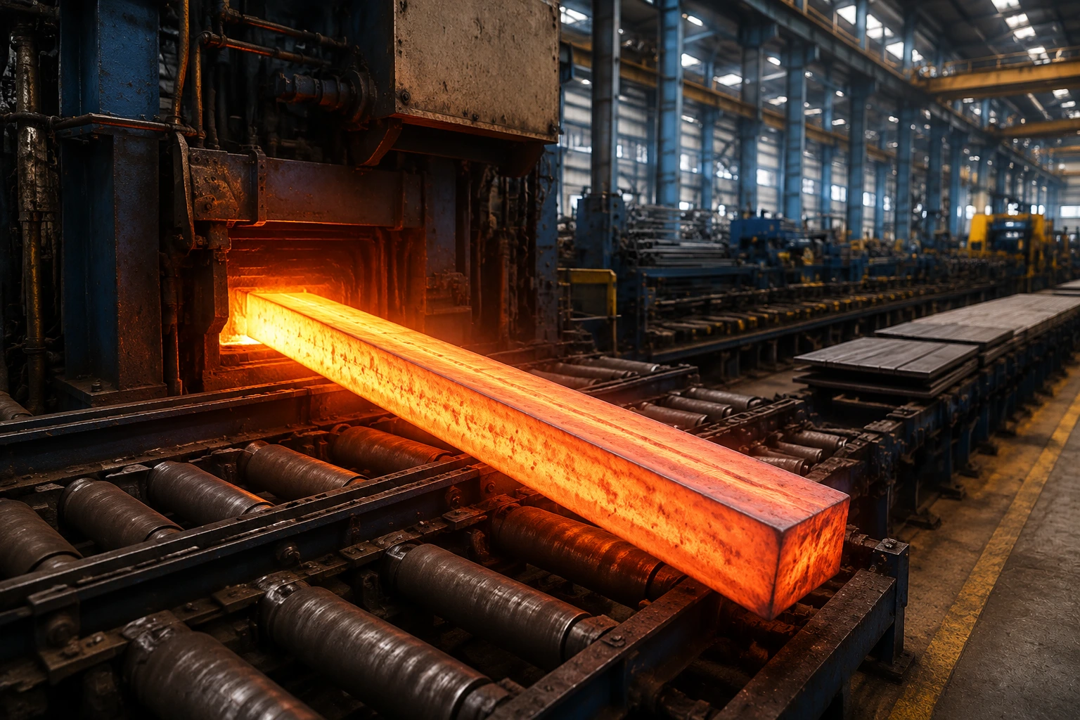 Hot steel billet passing through industrial rolling mill during steel manufacturing process inside a modern steel factory.