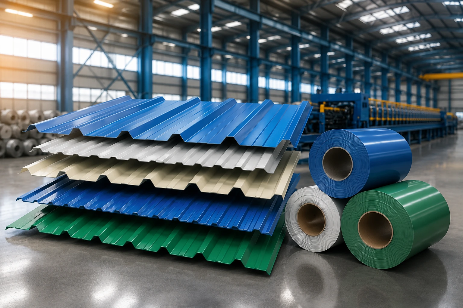 Color coated roofing sheets and steel coils displayed inside a modern roofing sheet manufacturing factory.