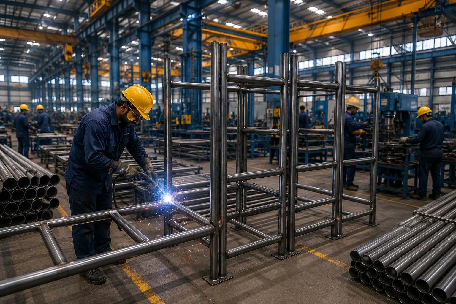 Worker welding H Frame scaffolding in a modern steel fabrication factory with raw steel pipes and finished H frame scaffolding frames.
