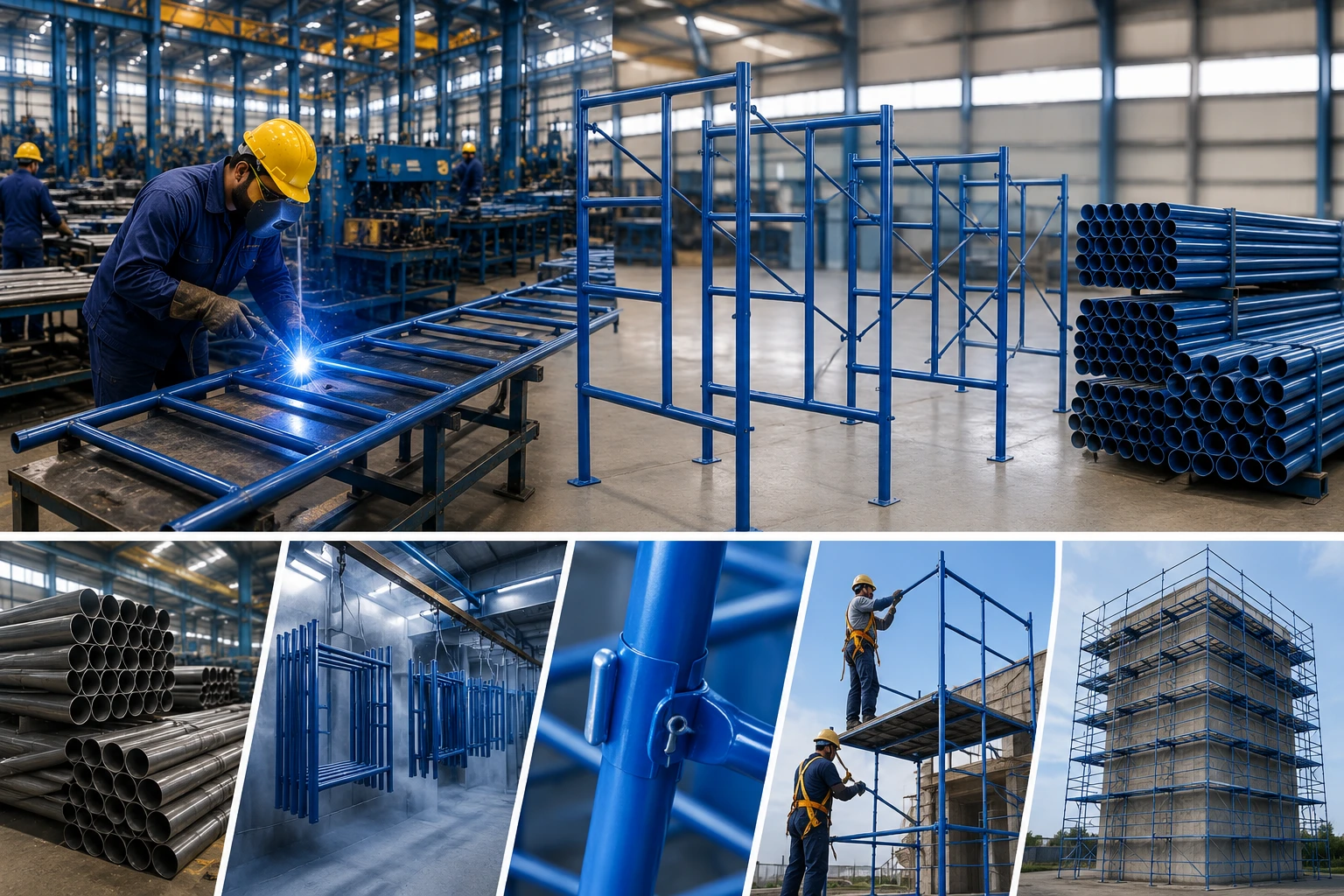 Complete H Frame scaffolding manufacturing process showing welding, powder coating, finished H frame scaffolding, steel pipes, component details, and construction site installation.