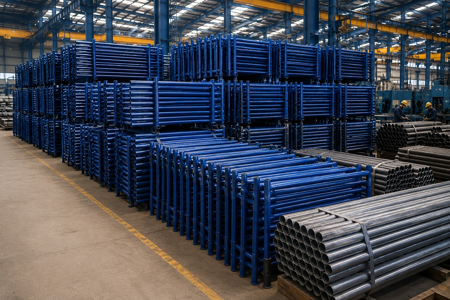 Bulk H Frame scaffolding stacked inside a modern manufacturing warehouse with galvanized steel pipes and industrial workers in the background.
