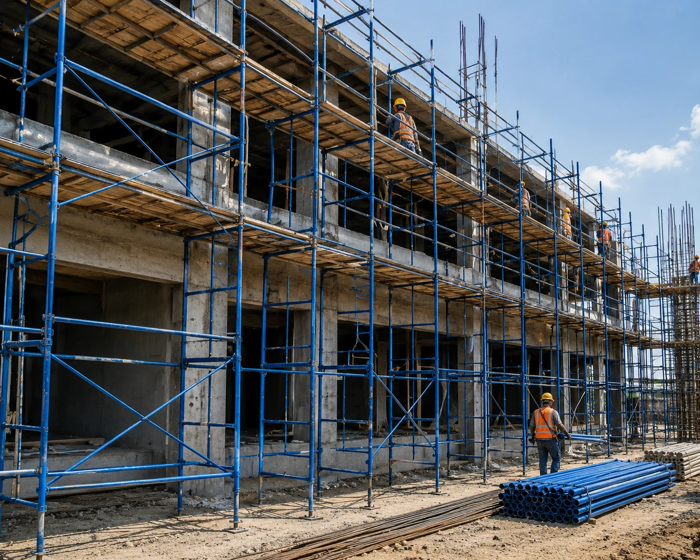 H Frame scaffolding installed around a multi-storey building under construction with workers using steel scaffolding at an active construction site.