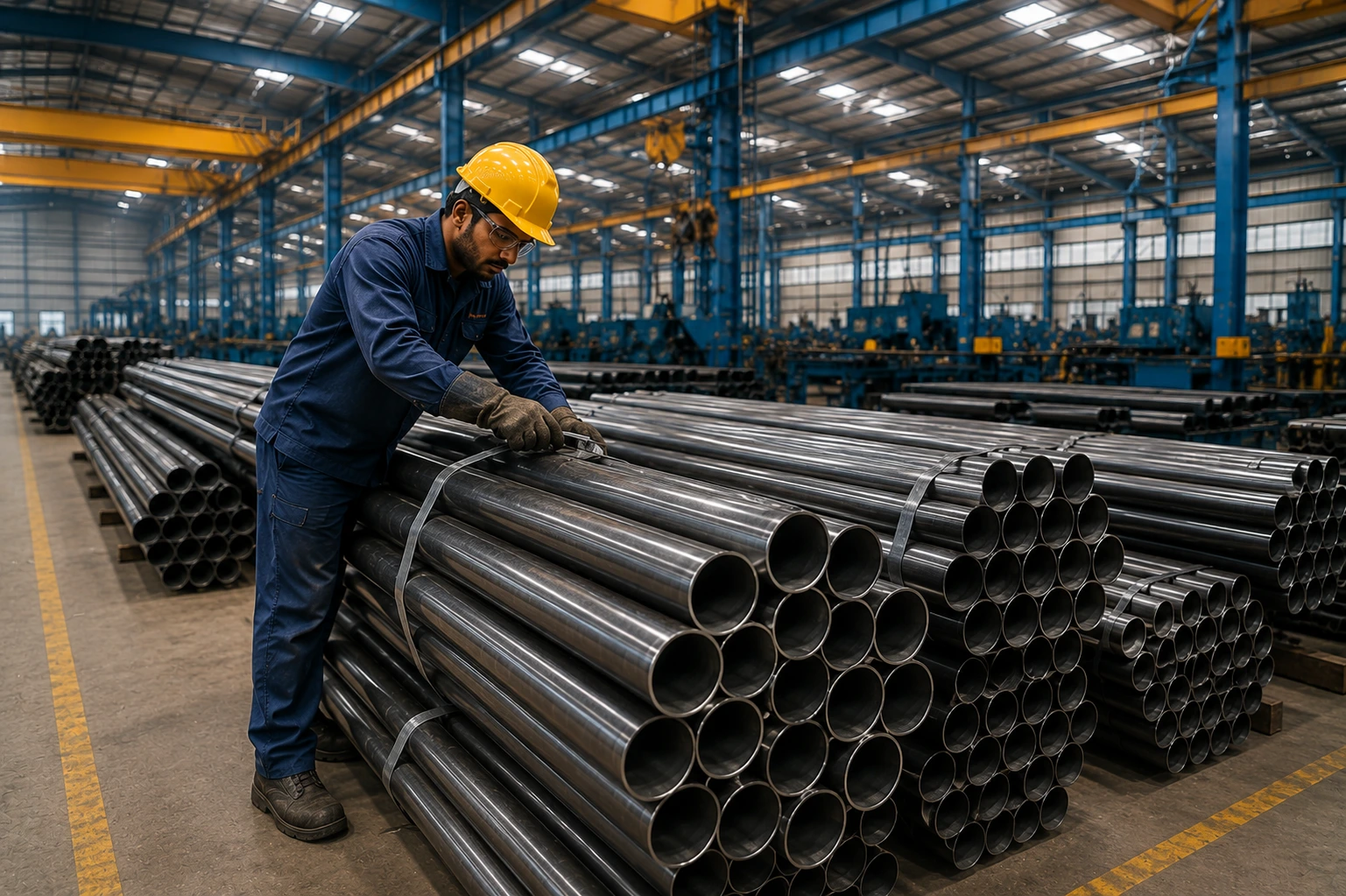 Worker inspecting bulk MS pipes stacked inside a modern steel manufacturing factory with industrial storage facility.
