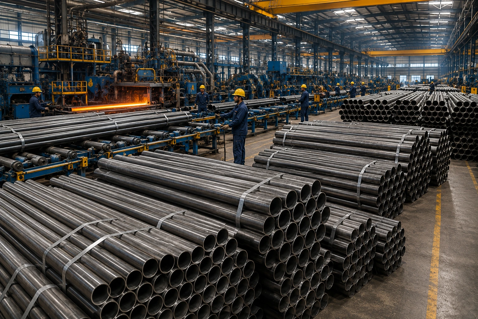 Large quantity of MS pipes manufactured and stored in an industrial factory with workers operating steel pipe production equipment.