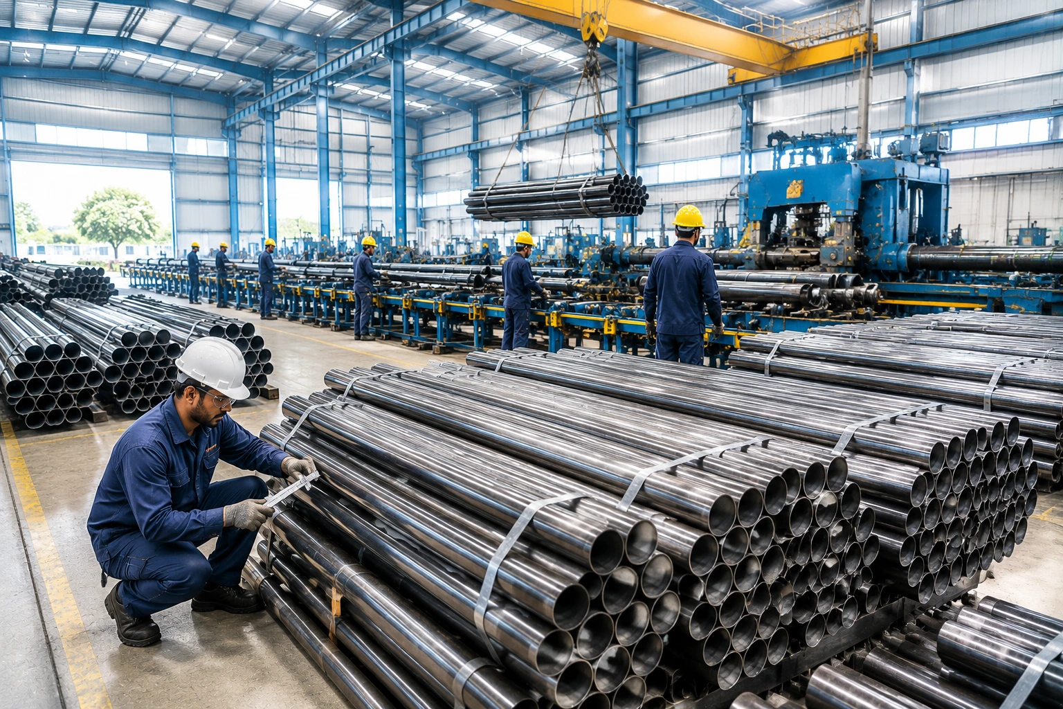 Large-scale MS pipe manufacturing facility with bulk mild steel pipes, skilled workers inspecting products, automated production line, and overhead crane.