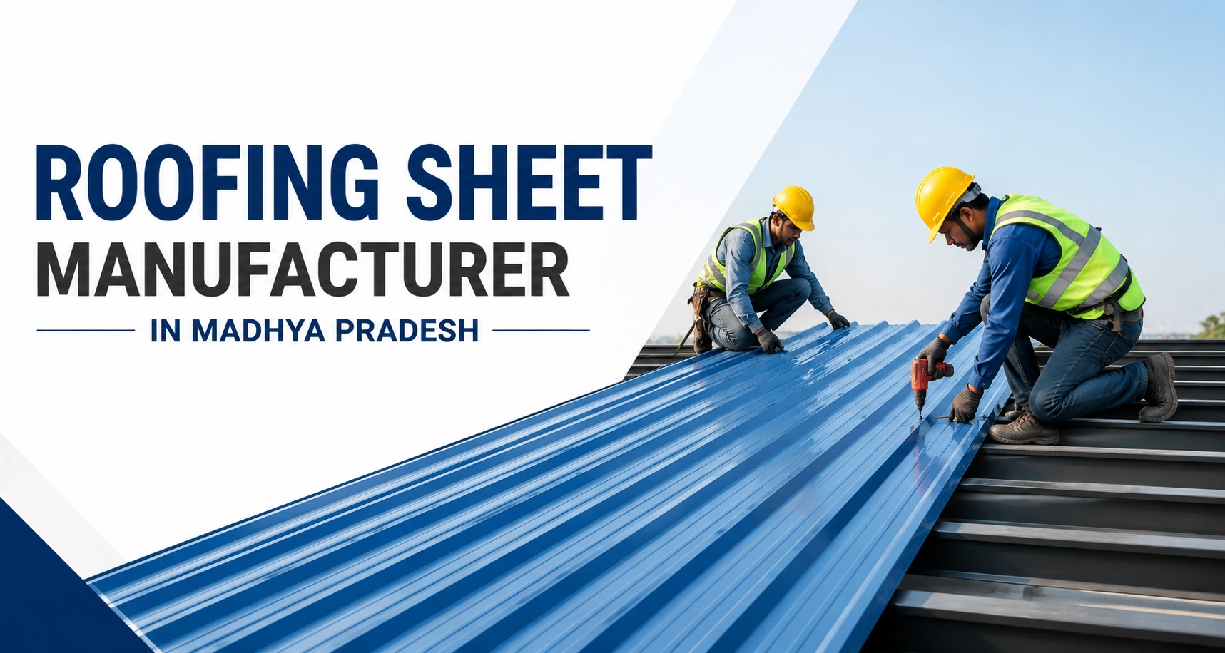 Workers installing premium roofing sheets on an industrial building manufactured by Khambati Steel & MB Tubes, a trusted roofing sheet manufacturer in Madhya Pradesh.
