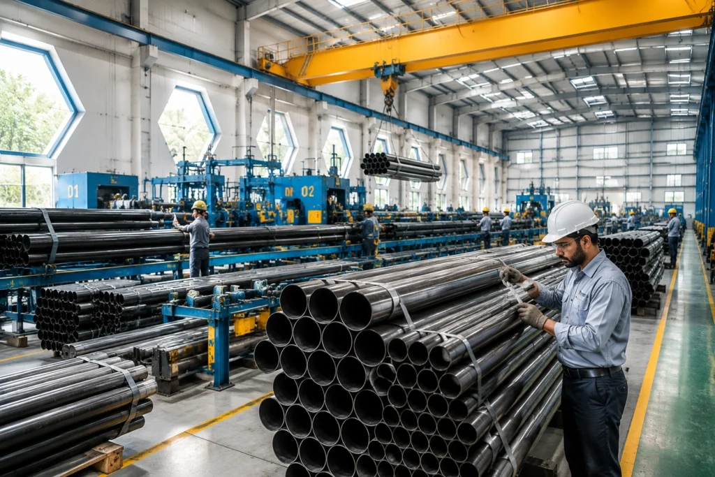 Modern MS pipe manufacturing plant showing bulk steel pipe production, workers inspecting pipes, industrial machinery, and large storage inventory.