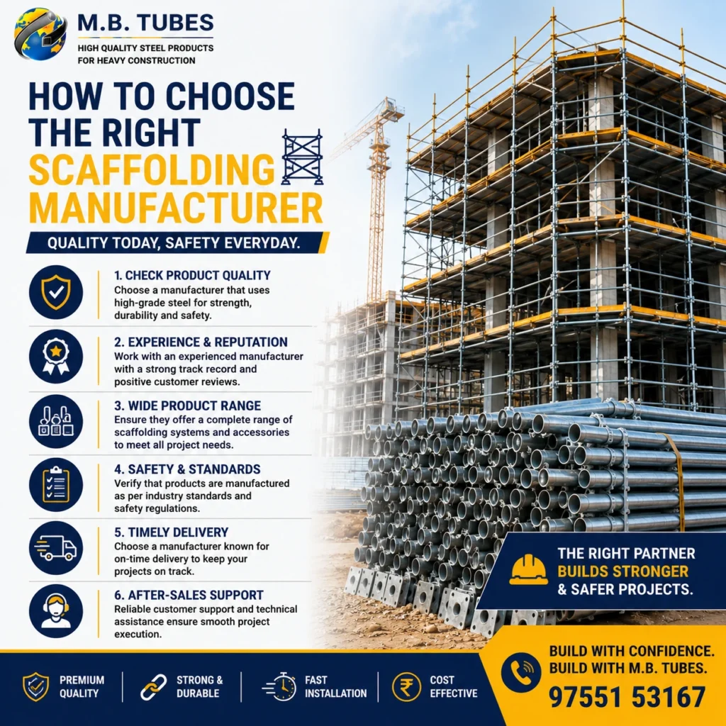 Modern construction site with premium steel scaffolding and galvanized scaffolding pipes, illustrating how to choose the right scaffolding manufacturer.