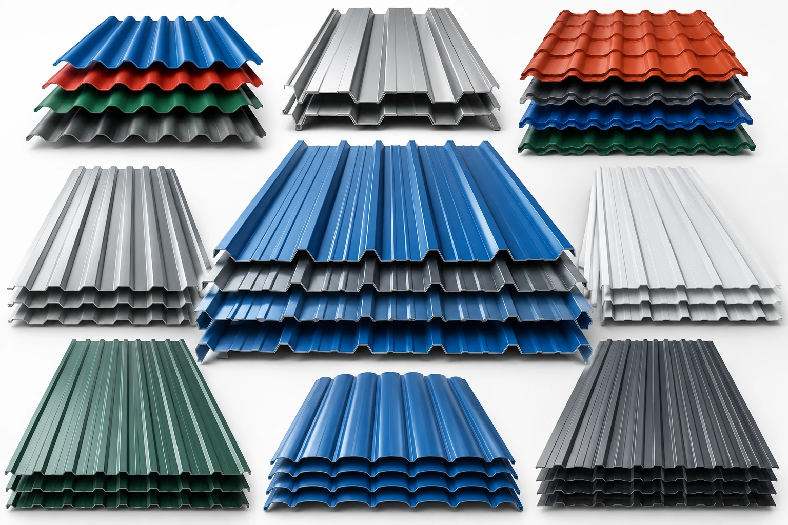 Premium colour coated roofing sheets in multiple profiles and colors including blue, green, red, white, and grey displayed for industrial and commercial roofing applications.