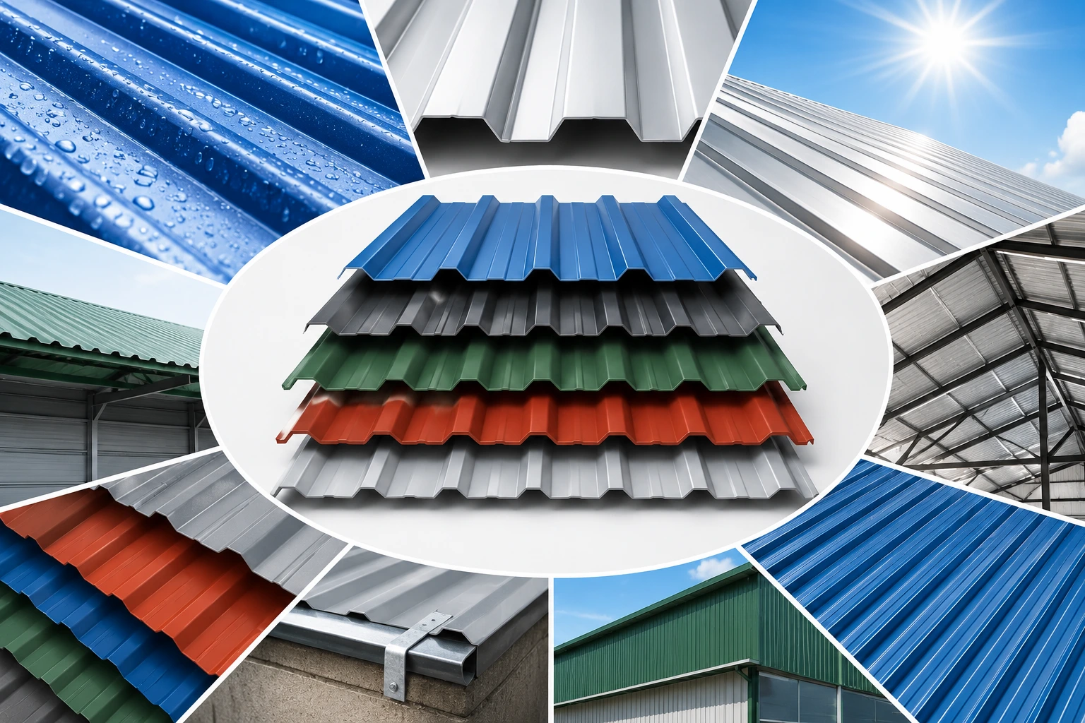 Premium colour coated roofing sheets in multiple profiles and colors for industrial, commercial, warehouse, and factory roofing applications.