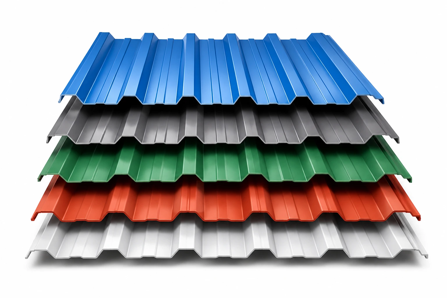 Premium colour coated roofing sheets stacked in multiple colours including blue, grey, green, red, and white, showcasing superior quality and durable metal roofing solutions.