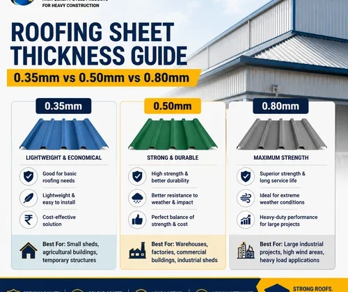 Roofing sheet thickness comparison showing 0.35mm, 0.50mm, and 0.80mm Colour Coated Profile Sheet options for industrial and commercial roofing applications.