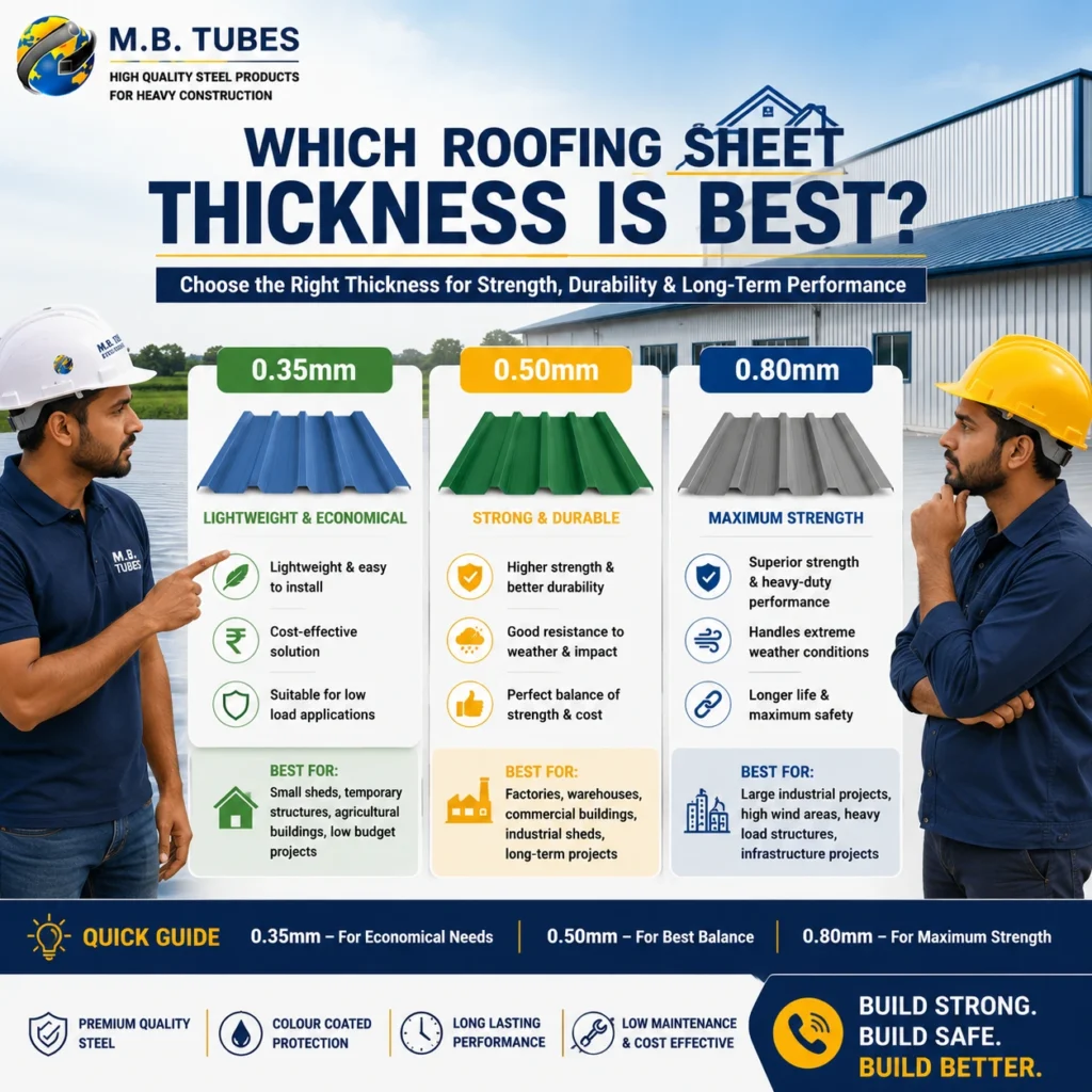 Two roofing experts comparing 0.35mm, 0.50mm, and 0.80mm Colour Coated Profile Sheet thicknesses for industrial, commercial, and lightweight roofing projects.