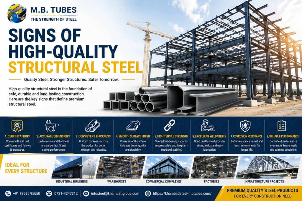 Premium structural steel beams, pipes, and steel frame construction showcasing the key signs of high-quality structural steel for safe and durable building projects.