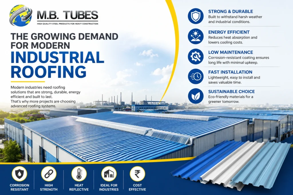 Modern industrial warehouse with blue colour coated roofing sheets showcasing durable and energy-efficient Colour Coated Profile Sheet solutions for factories and industrial buildings.