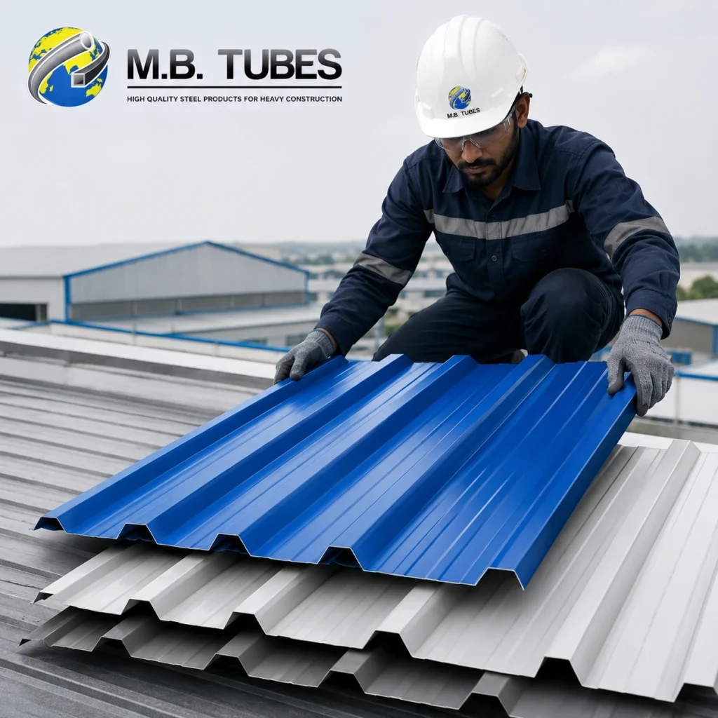 Construction worker inspecting a premium blue Colour Coated Profile Sheet on an industrial roof for factory and warehouse roofing applications.