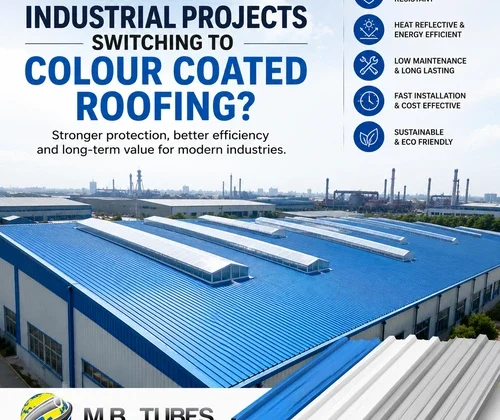 Industrial factory using premium Colour Coated Profile Sheet roofing for durable and energy-efficient roofing solutions.