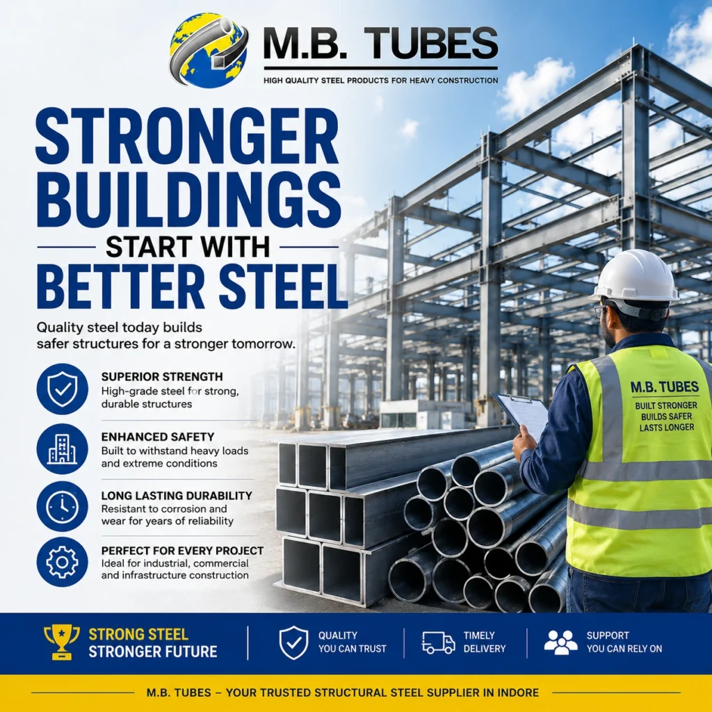 Construction engineer inspecting premium structural steel beams at a modern building site supplied by a trusted Structural Steel Supplier in Indore.