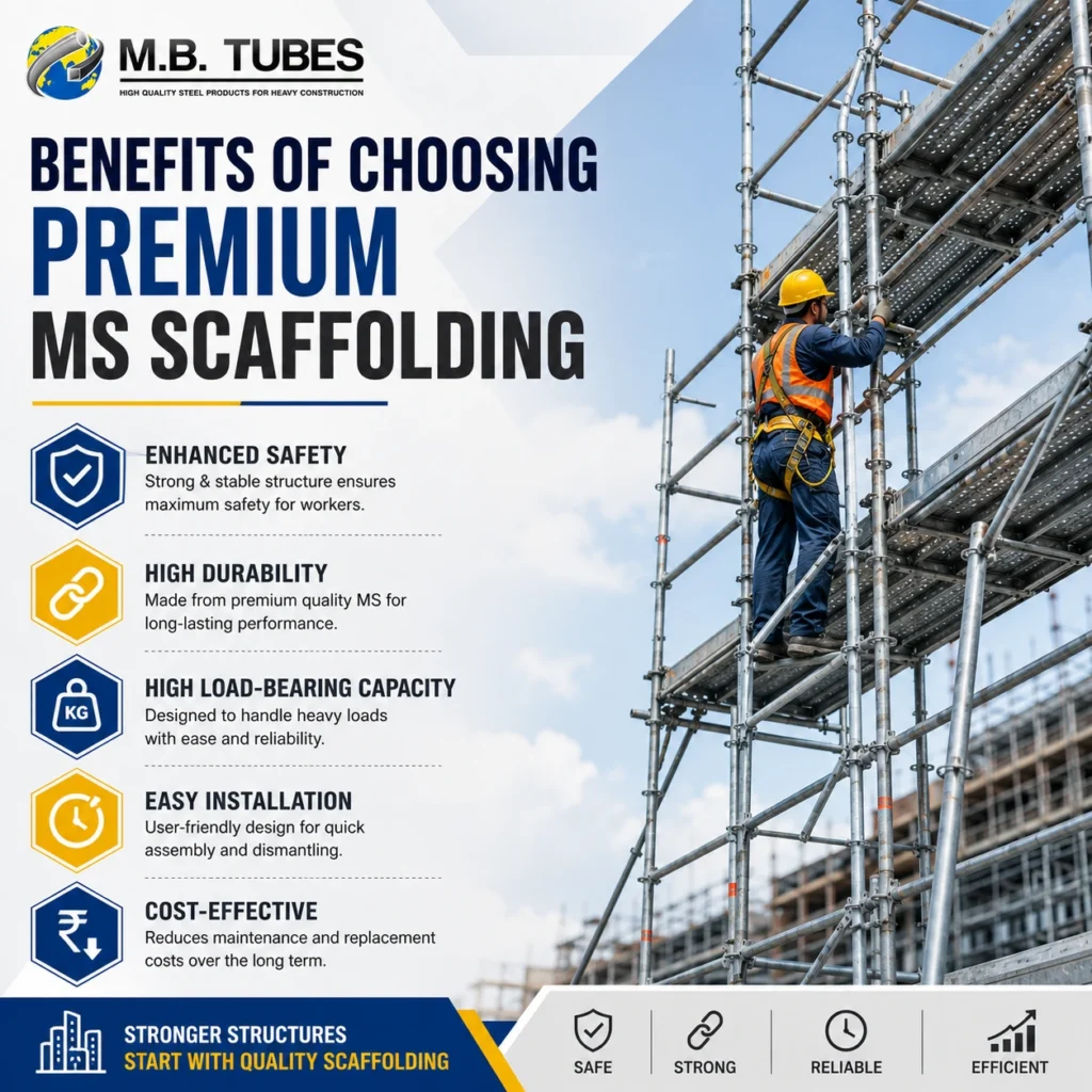 Worker installing premium MS scaffolding at a construction site for safe and durable building operations.