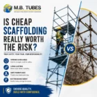 Construction worker standing on premium MS scaffolding at an industrial construction site, highlighting safe and durable scaffolding solutions from a trusted MS Scaffolding Manufacturer MP.