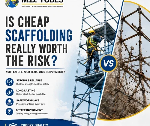 Construction worker standing on premium MS scaffolding at an industrial construction site, highlighting safe and durable scaffolding solutions from a trusted MS Scaffolding Manufacturer MP.