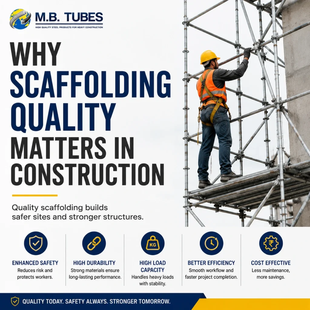 Construction worker using high-quality MS scaffolding at a building site showing safe and durable scaffolding solutions.