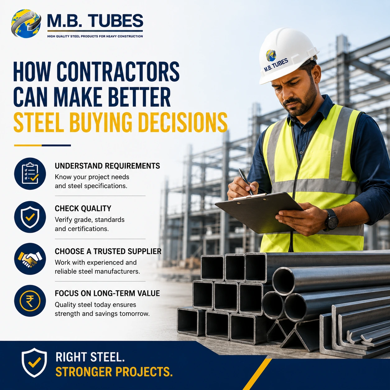 Real construction contractor inspecting structural steel with a checklist at a construction site, demonstrating smart steel buying decisions.