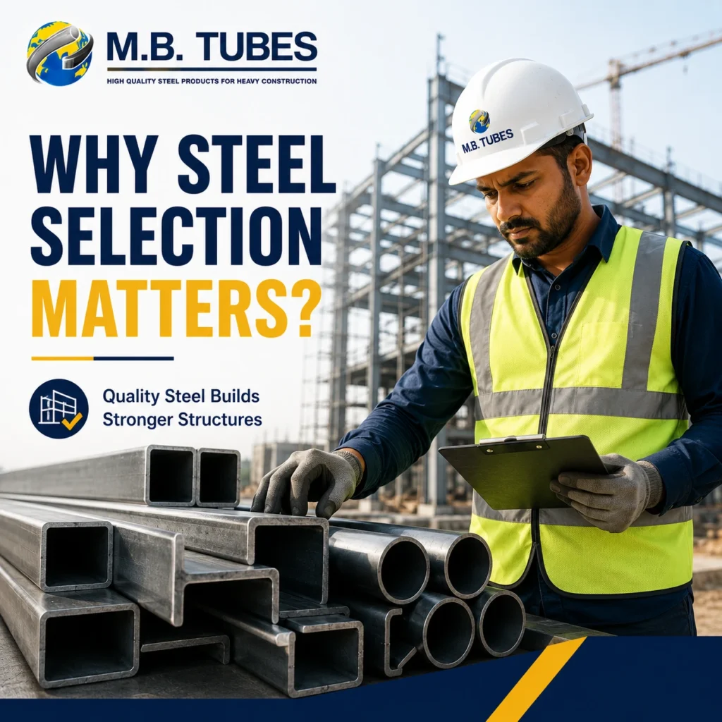 Construction worker inspecting structural steel products at a building site showing the importance of choosing quality steel for construction projects.