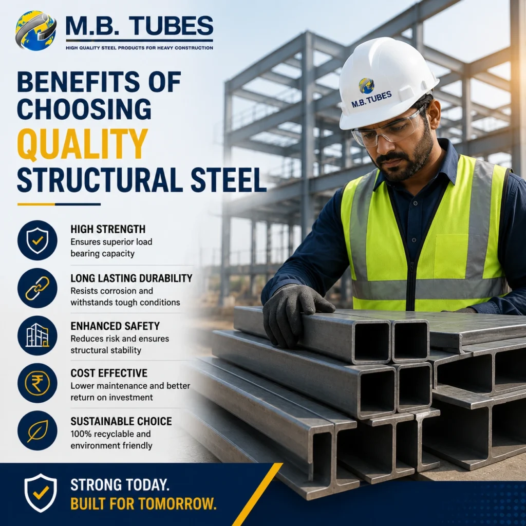Construction worker inspecting premium structural steel sections at a building site showing the benefits of quality structural steel.