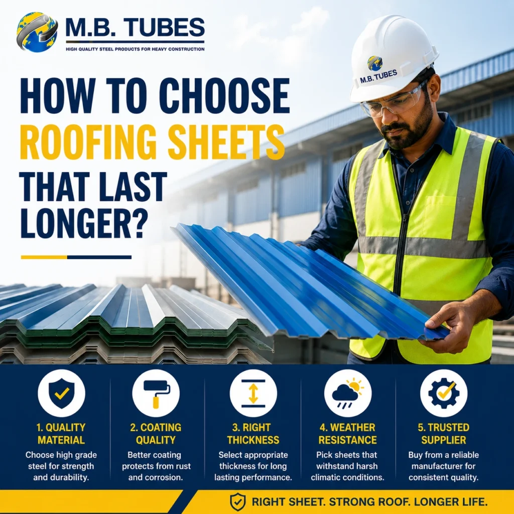 Construction worker inspecting a premium Colour Coated Profile Sheet at an industrial building site for long-lasting roofing performance.