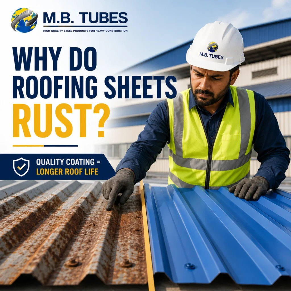 Construction worker comparing a rusted roofing sheet with a new Colour Coated Profile Sheet at an industrial building.