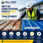 Real construction worker comparing a rusted roofing sheet with a premium blue Colour Coated Profile Sheet at an industrial facility.
